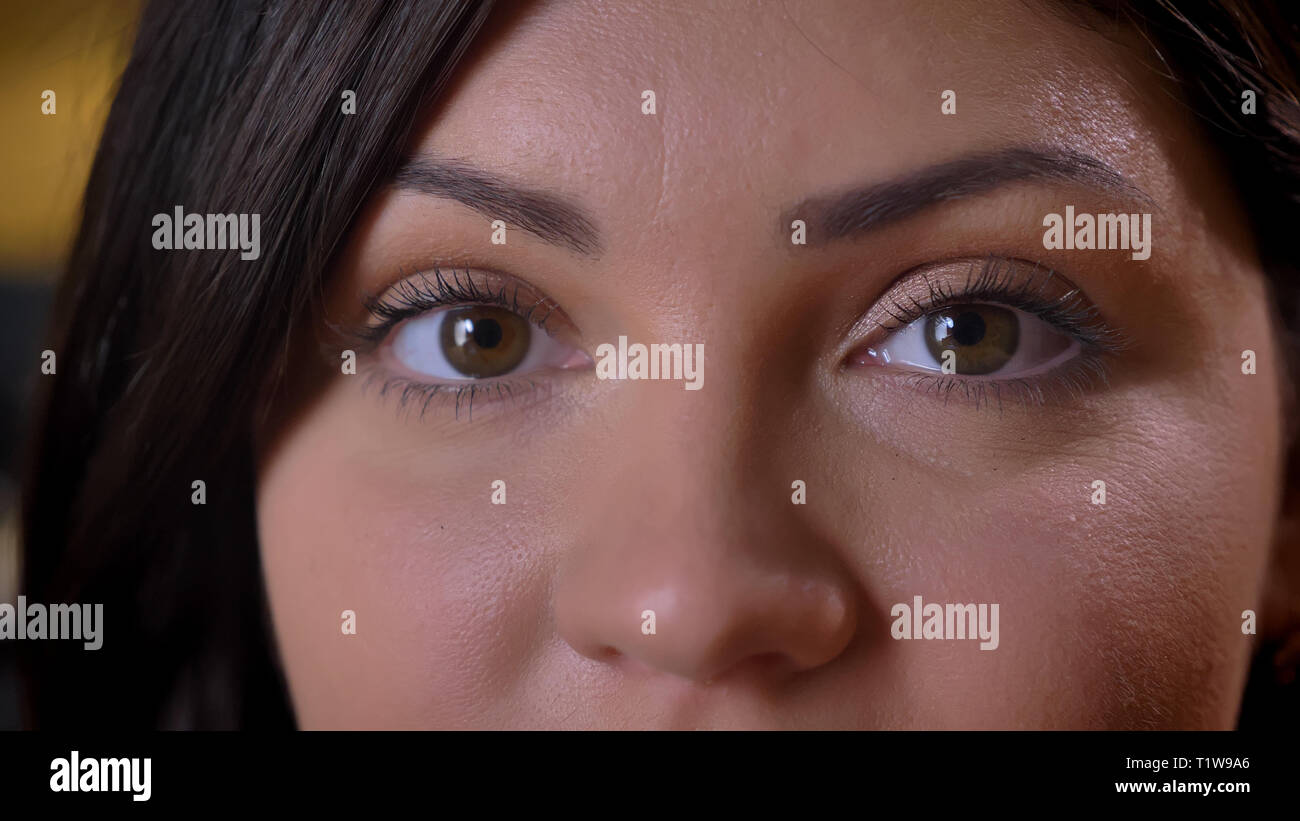 Close-up eye-portrait of beautiful middle-aged overweight woman watching calmly into camera on office background. Stock Photo