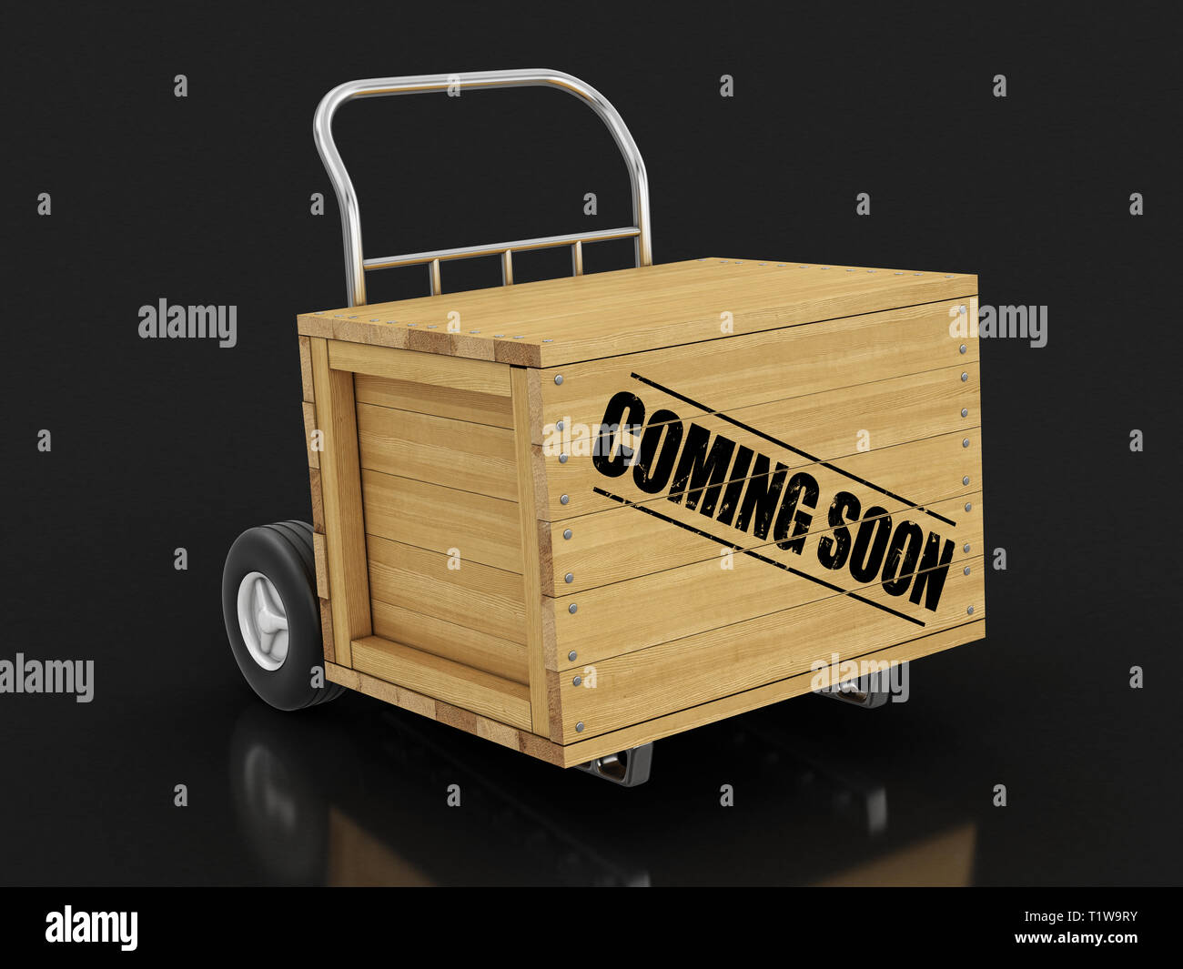 Wooden crate with Coming soon on Hand Truck. Image with clipping path Stock Photo