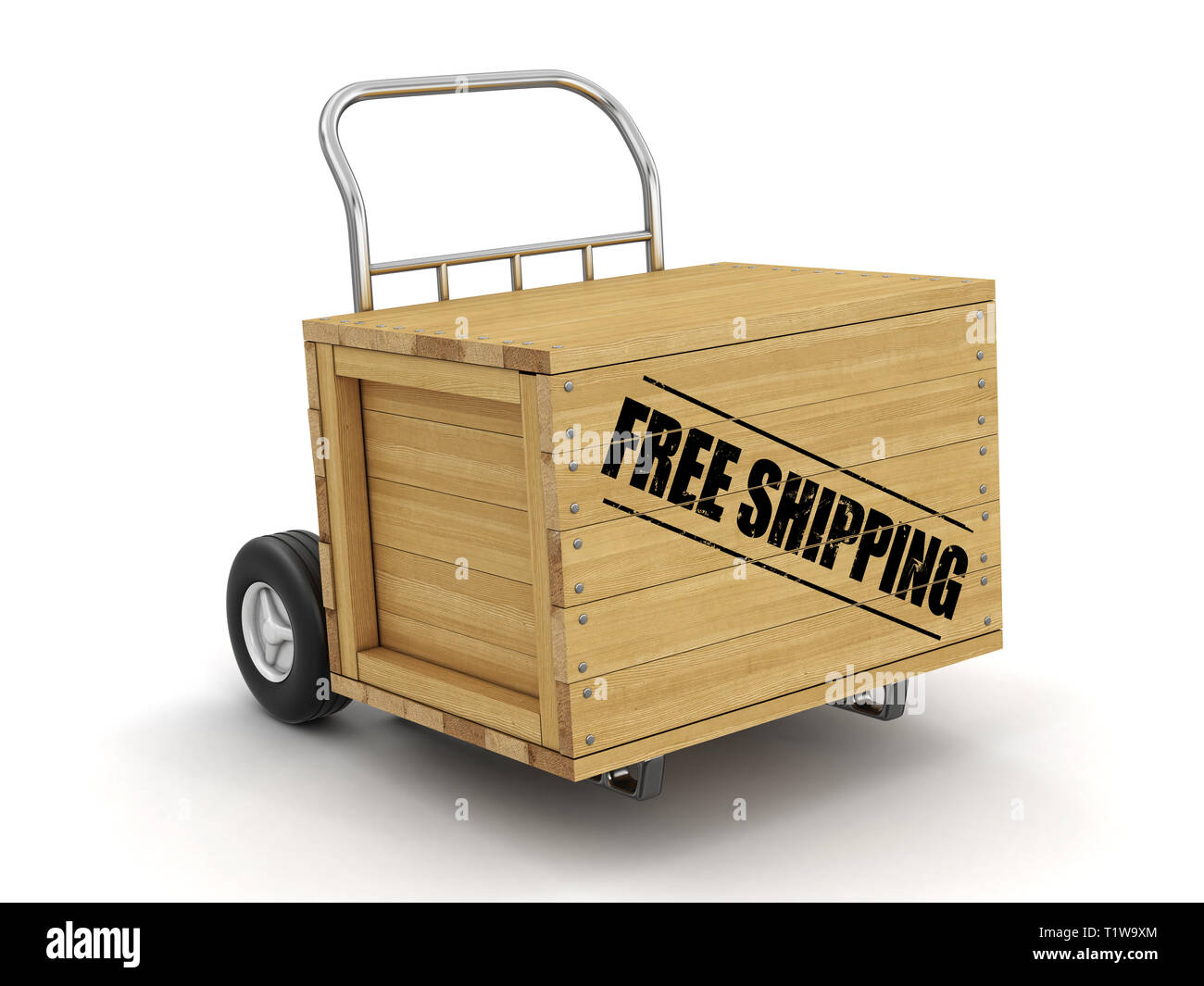 Wooden crate with stamp free shipping on Hand Truck. Image with clipping path Stock Photo