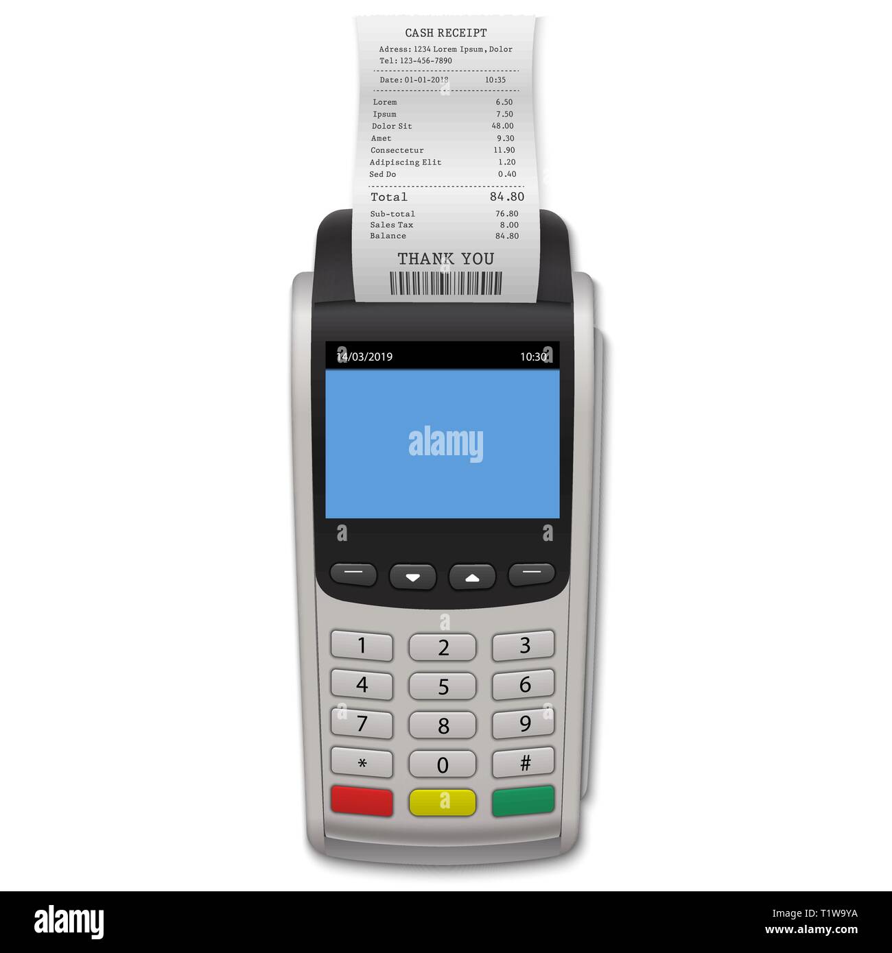 Realistic Payment Terminal. POS machine with Receipt Stock Vector