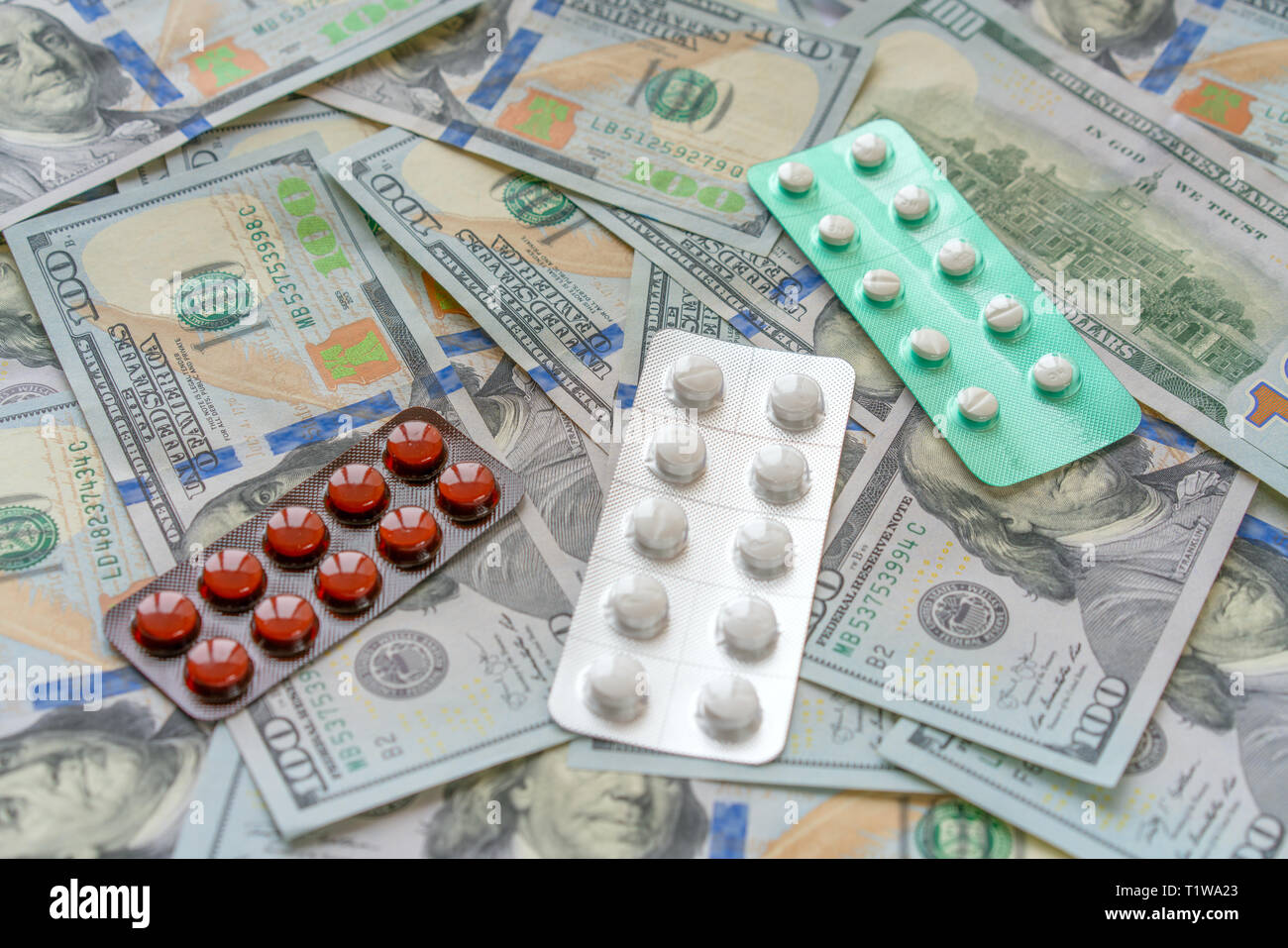 Pills on 100 dollar money. Medicine expenses. High costs of expensive