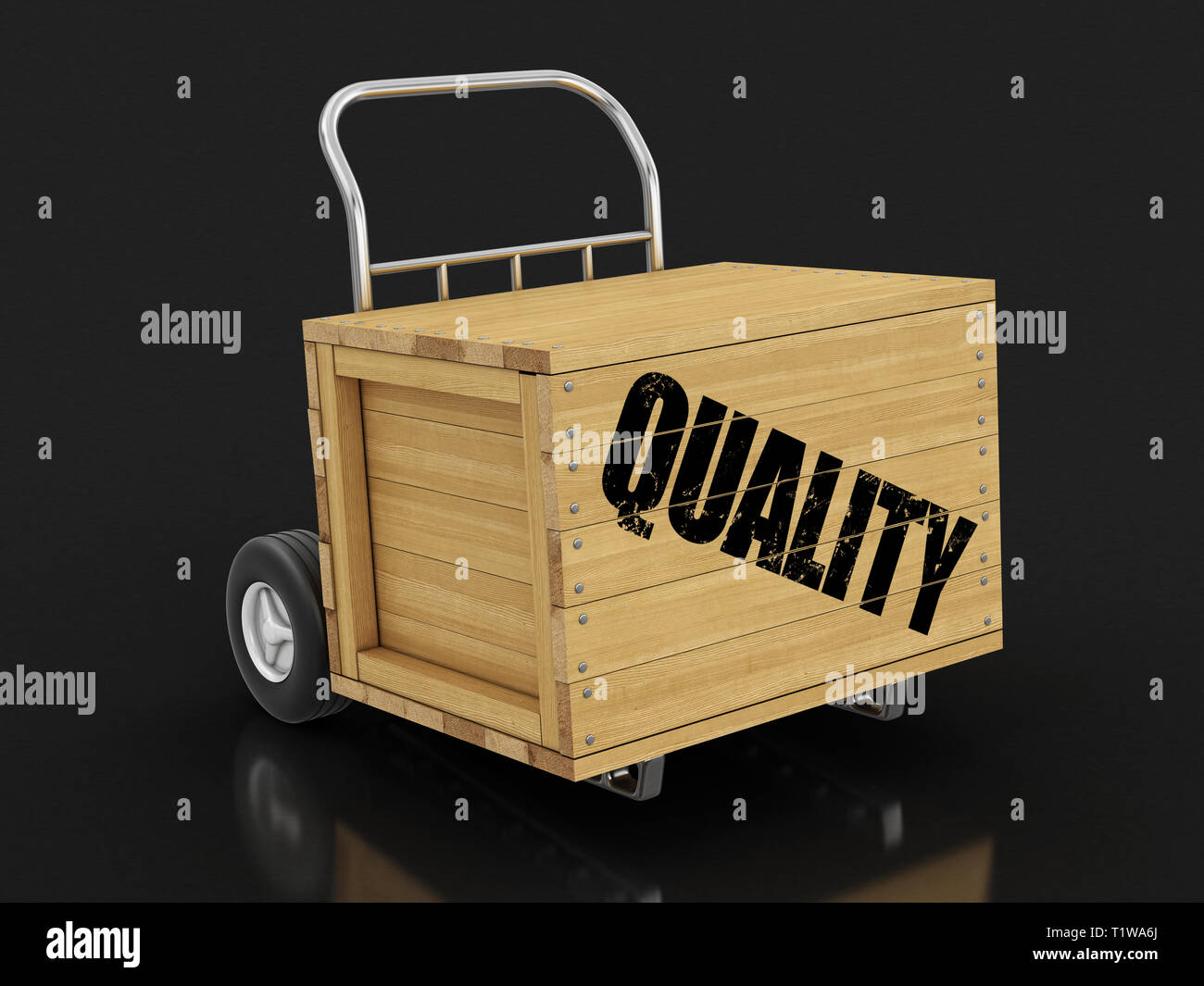 Wooden crate with Quality on Hand Truck. Image with clipping path Stock Photo