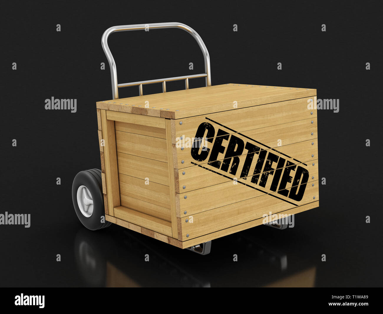 Wooden crate with Certified on Hand Truck. Image with clipping path Stock Photo