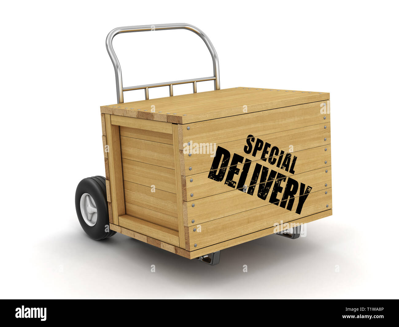 Wooden crate with Special Delivery on Hand Truck. Image with clipping ...