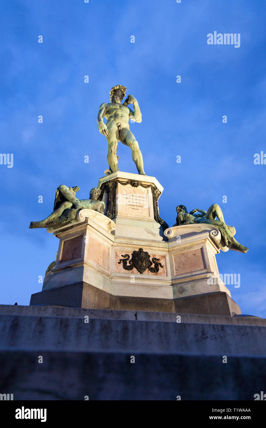 Bronze sculpture, the David and the four allegories of the Medici Chapel of San Lorenzo in Piazza Michelangelo. Stock Photo