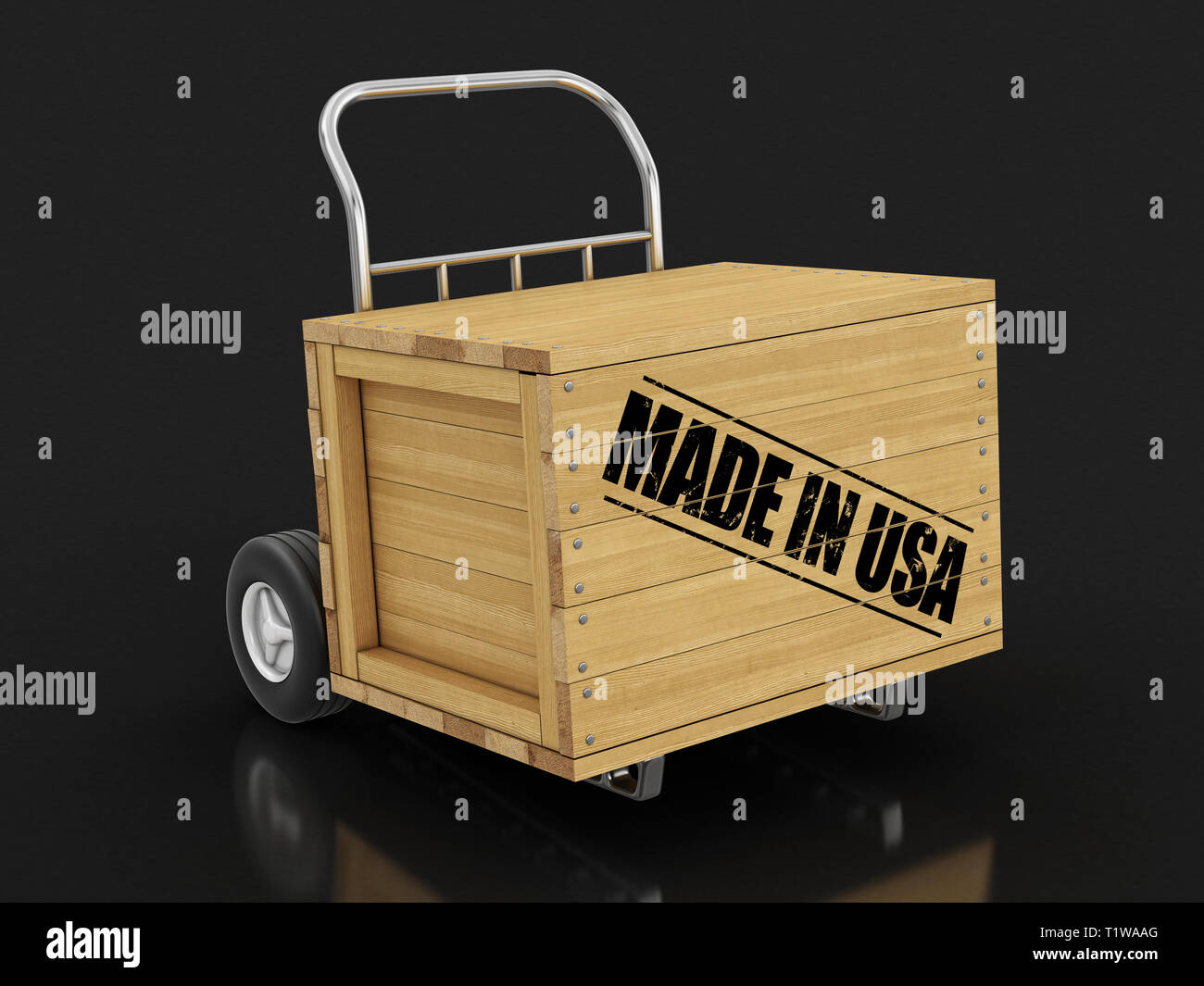 Wooden crate with Made in USA on Hand Truck. Image with clipping path Stock Photo