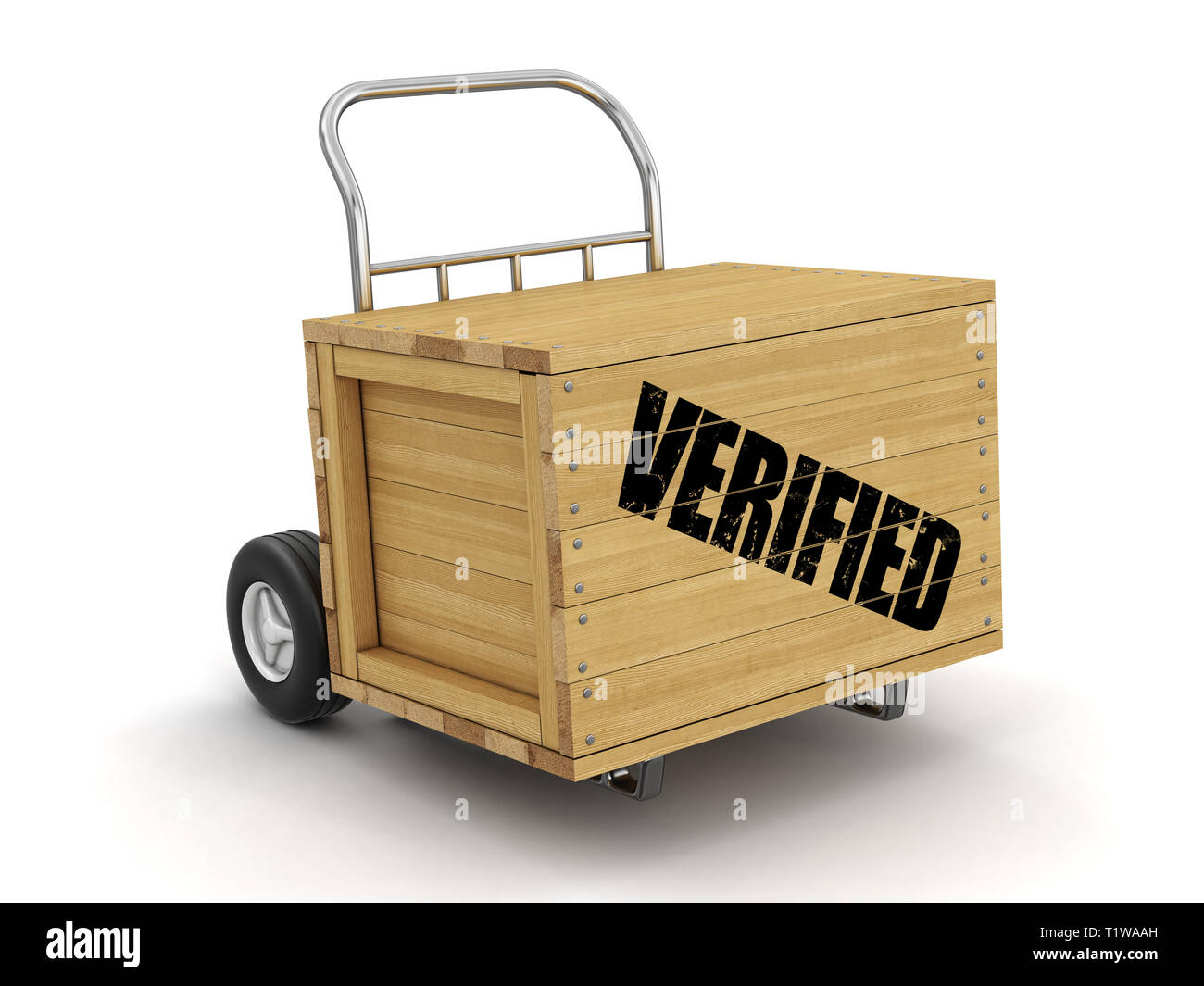 Wooden crate with Verified on Hand Truck. Image with clipping path Stock Photo