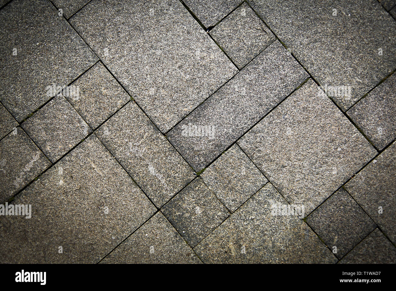 The sidewalk road made of natural stone is lined with mosaics of light gray color .Texture.Background. Stock Photo