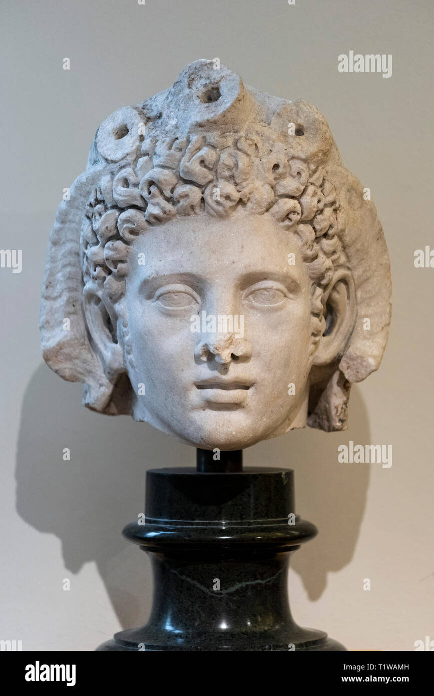 Copenhagen. Denmark. Portrait of Alexander the Great as a god with ram's horns and an elephant's skin over the back of his head. National Museum of De Stock Photo