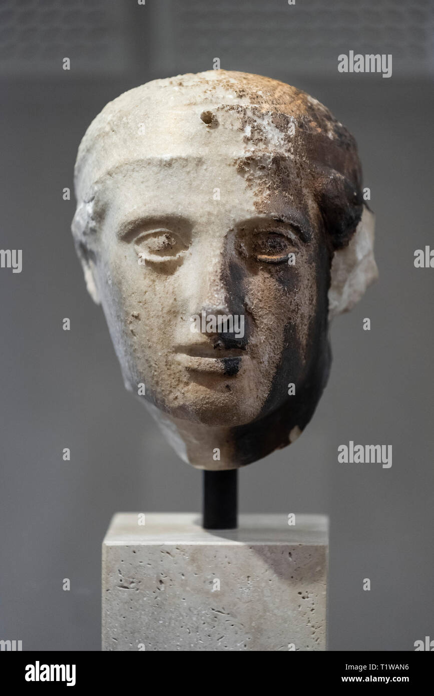 Copenhagen. Denmark. Head of a young Lapith, from the Parthenon in Athens. National Museum of Denmark.  Bought in Athens in 1687 by a Danish naval off Stock Photo