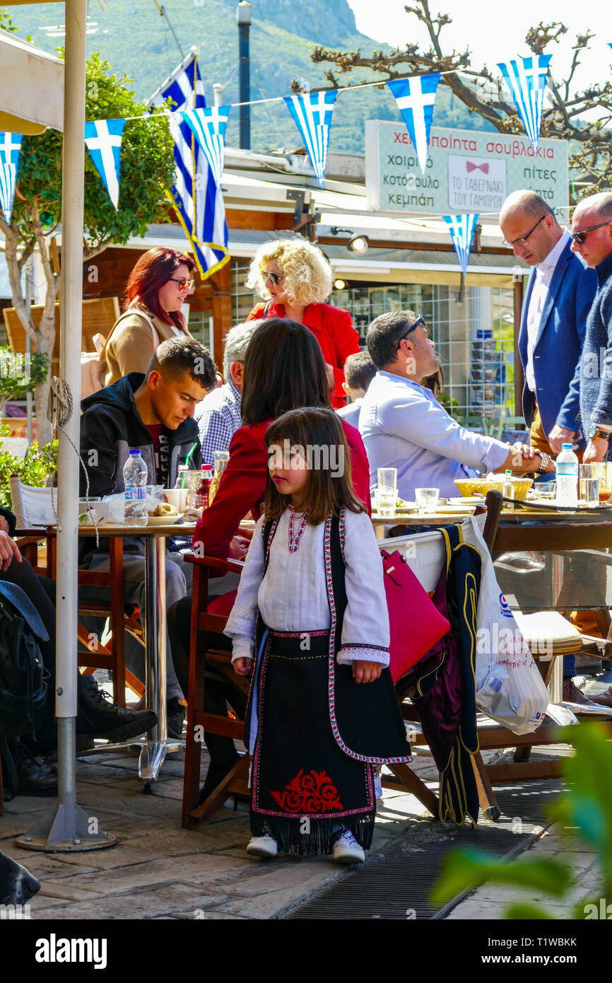 Families enjoying sunshine in Ancient Corinth on Greek Independence Day, March 25th Stock Photo