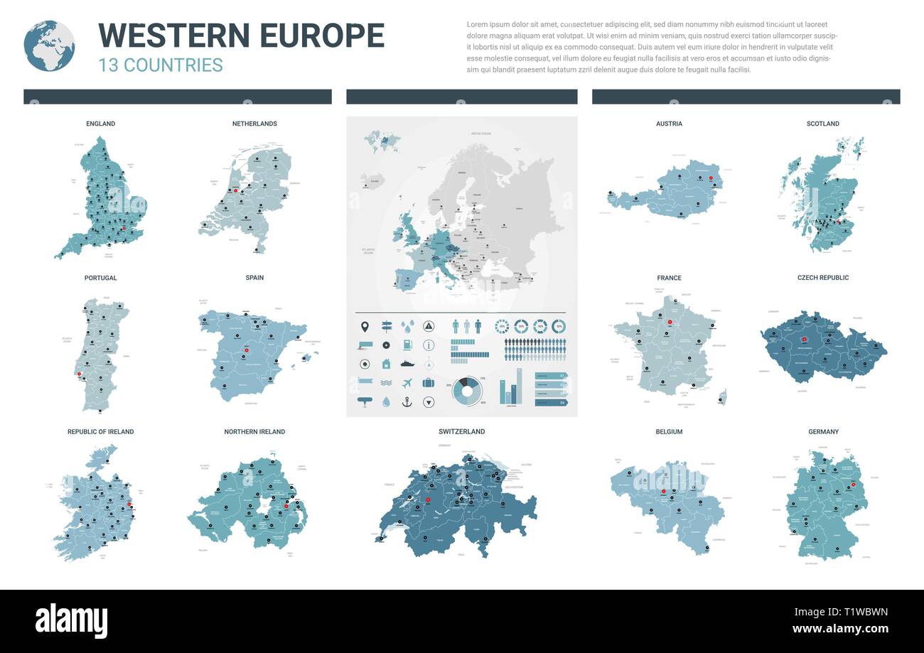 Vector Maps Set High Detailed 13 Maps Of Western Europe Countries With Vector Maps Set High Detailed 13 Maps Of Western Europe Countries With Administrative Division And Cities Political Map Map Of Europe Continent W T1WBWN 