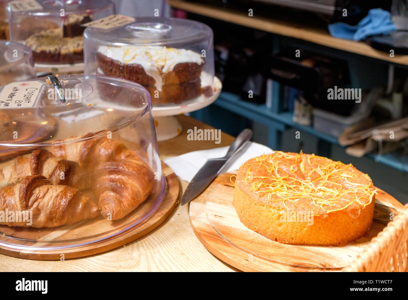 Cakes and pastries at Wiveton Hall Fruit Farm cafe in North Norfolk, England. Stock Photo