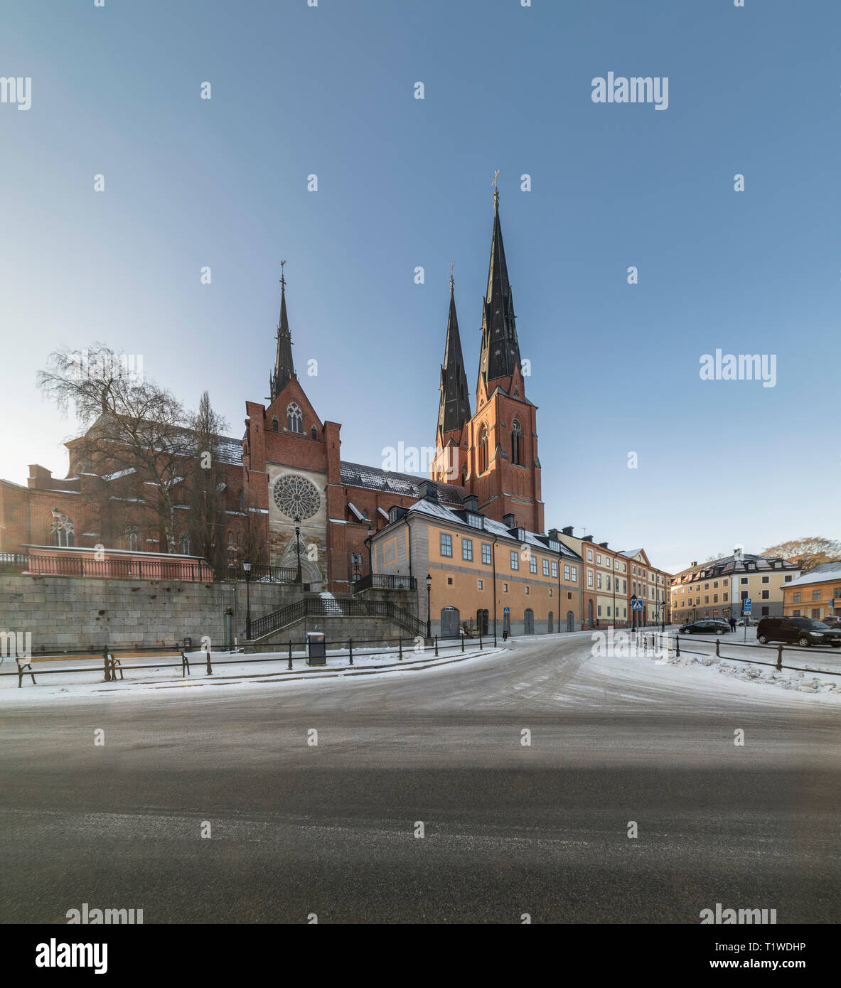 The Sankt Eriks torg square and the Cathedral (Domkyrkan). Uppsala, Sweden, Scandinavia Stock Photo