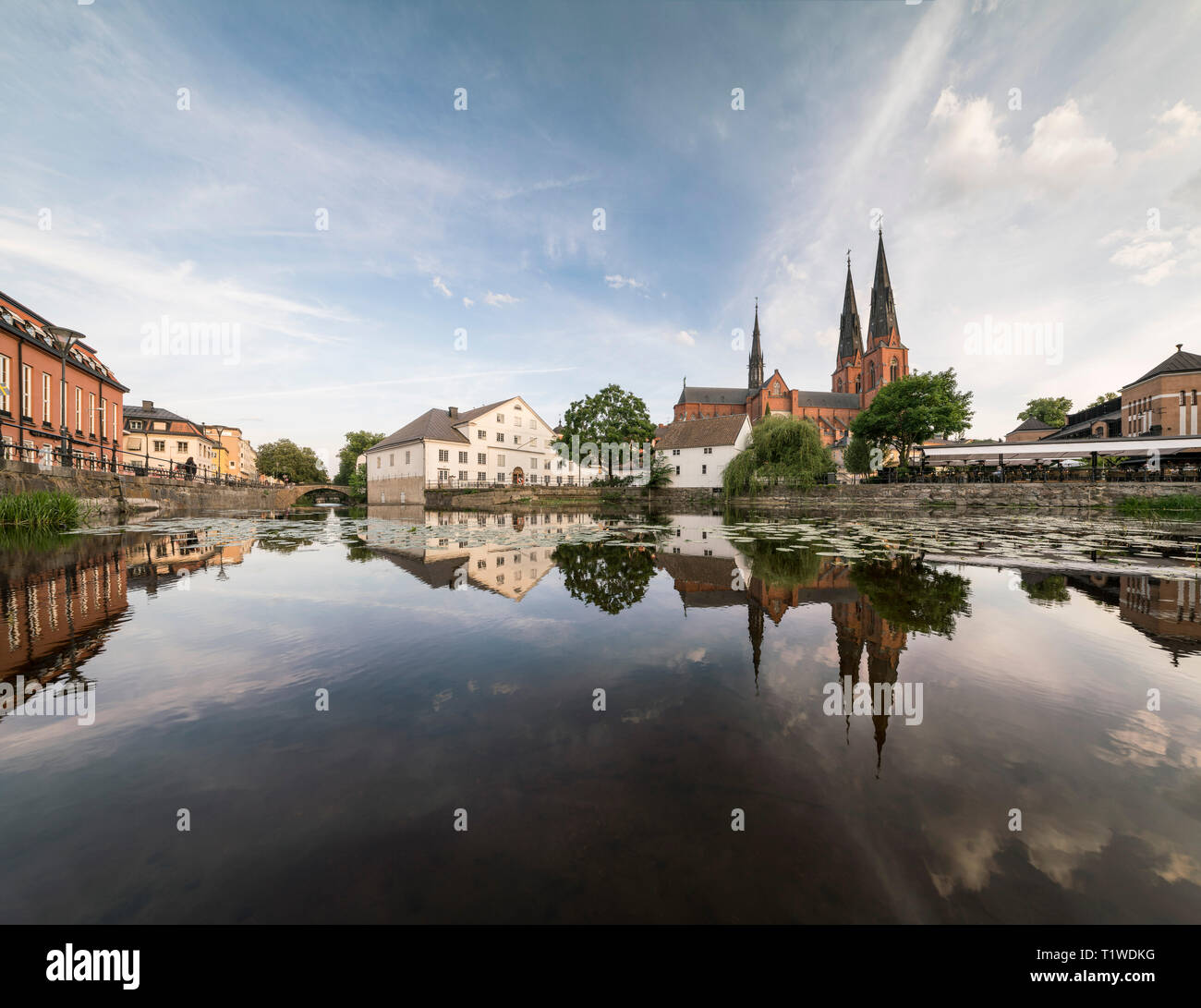 The Uppsala Cathedral (Domkyrkan) and the Fyris river at Kvarnfallet. Uppsala, Sweden, Scandinavia Stock Photo