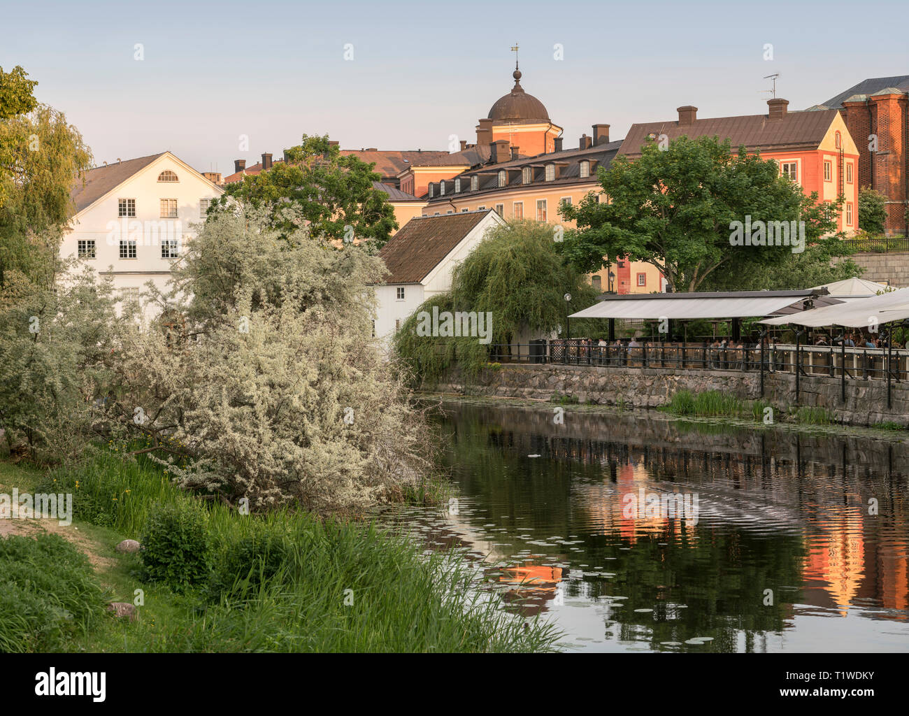View of the in the Fyris river in the evening at summertime. Uppsala, Sweden, Scandinavia Stock Photo
