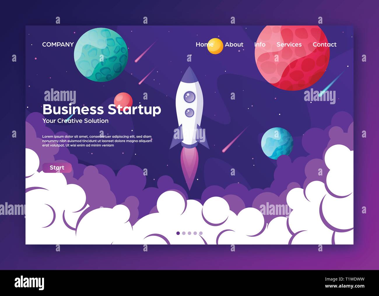 Website Landing Home Page With Rocket. Business Project Startup And ...