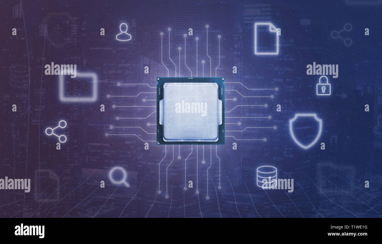 Central process unit CPU and electronic circuit surrounded with online services icon. Concept of processing online services, software for user securit Stock Photo