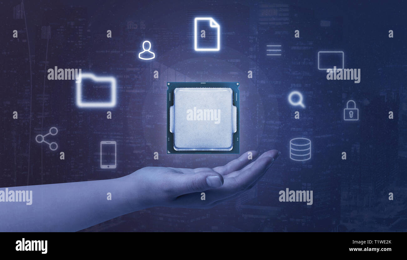 Hand holding processor surrounded with online, computing services icons. Abstract blue background. Stock Photo