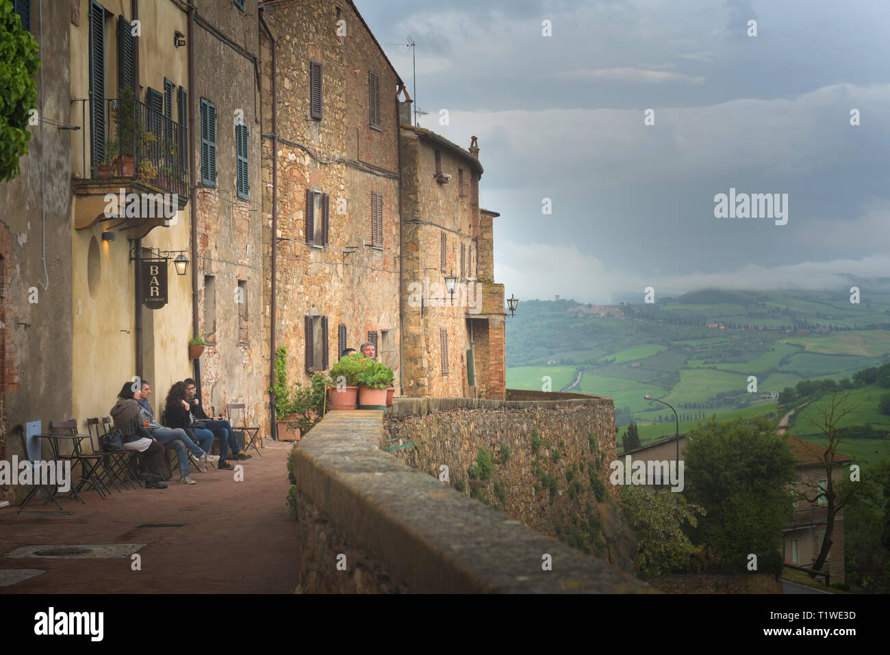 Pienza/Italy - 05/05/2018: Summer Pienza italian medieval village on hill top, Val d Orcia valley UNESCO World Cultural Landscapes, Siena province, Tu Stock Photo