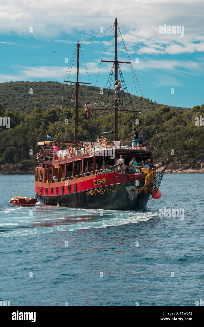 Pirate ship sailing near island of Cres Stock Photo
