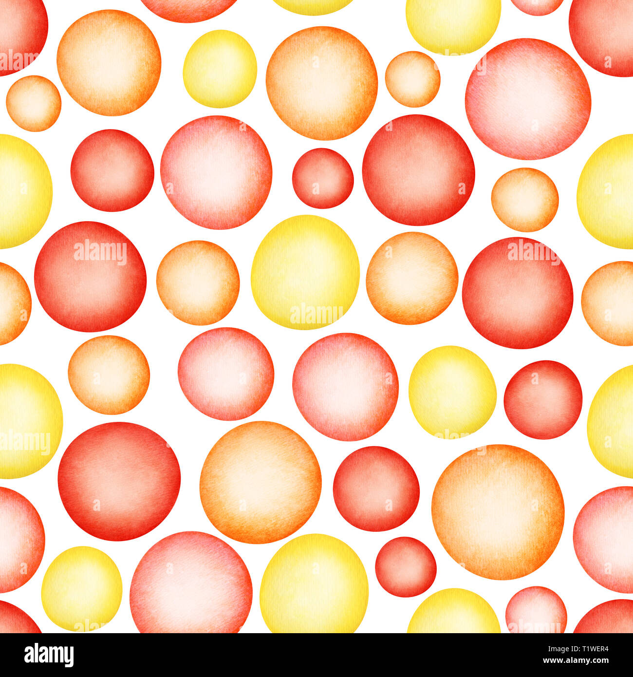 Round watercolor stains seamless pattern with yellow, red and orange dots Stock Photo
