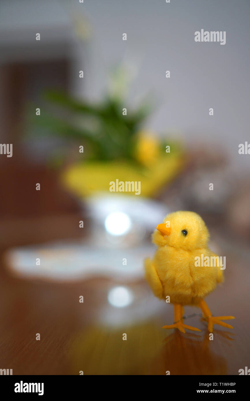 Happy easter image - little chicken doll on a table with flower out of focus. Stock Photo