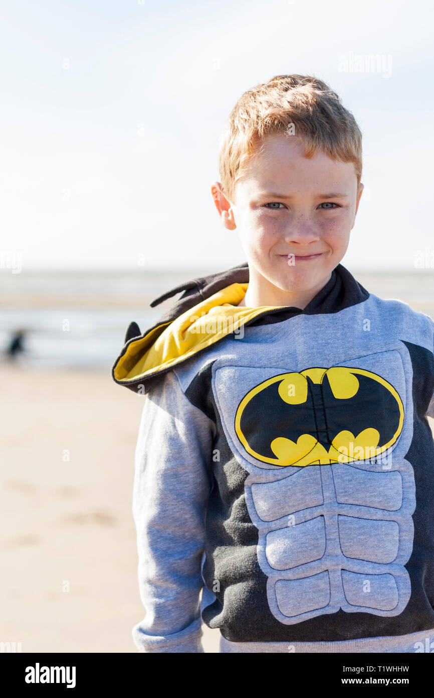 Portrait of a young caucasian boy on Formby beach, Merseyside, UK Stock Photo