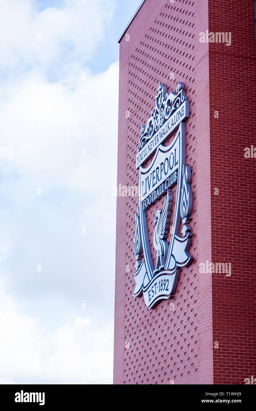 A view of the large Liverpool FC emblem o n the outside of the new Main Stand at Anfield, Liverpool, UK Stock Photo
