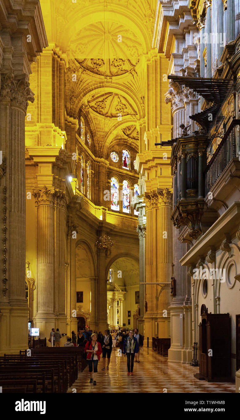 Malaga Cathedral Interior -people in Catedral de Malaga; Malaga, Andalusia Spain Europe Stock Photo