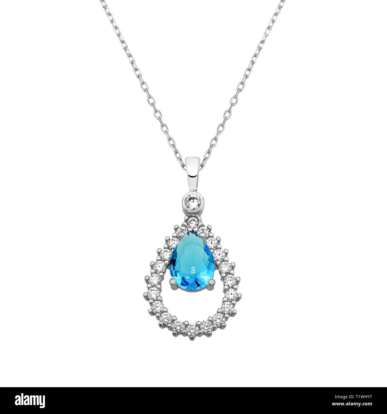 Drop shape necklace with zircon and drop aquamarine gemstone Stock Photo