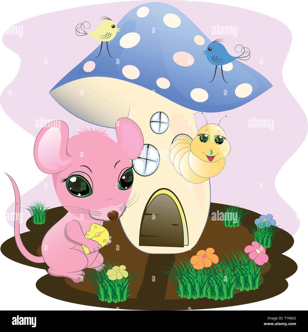 Mouses with cheese house in garden cartoon Vector Image