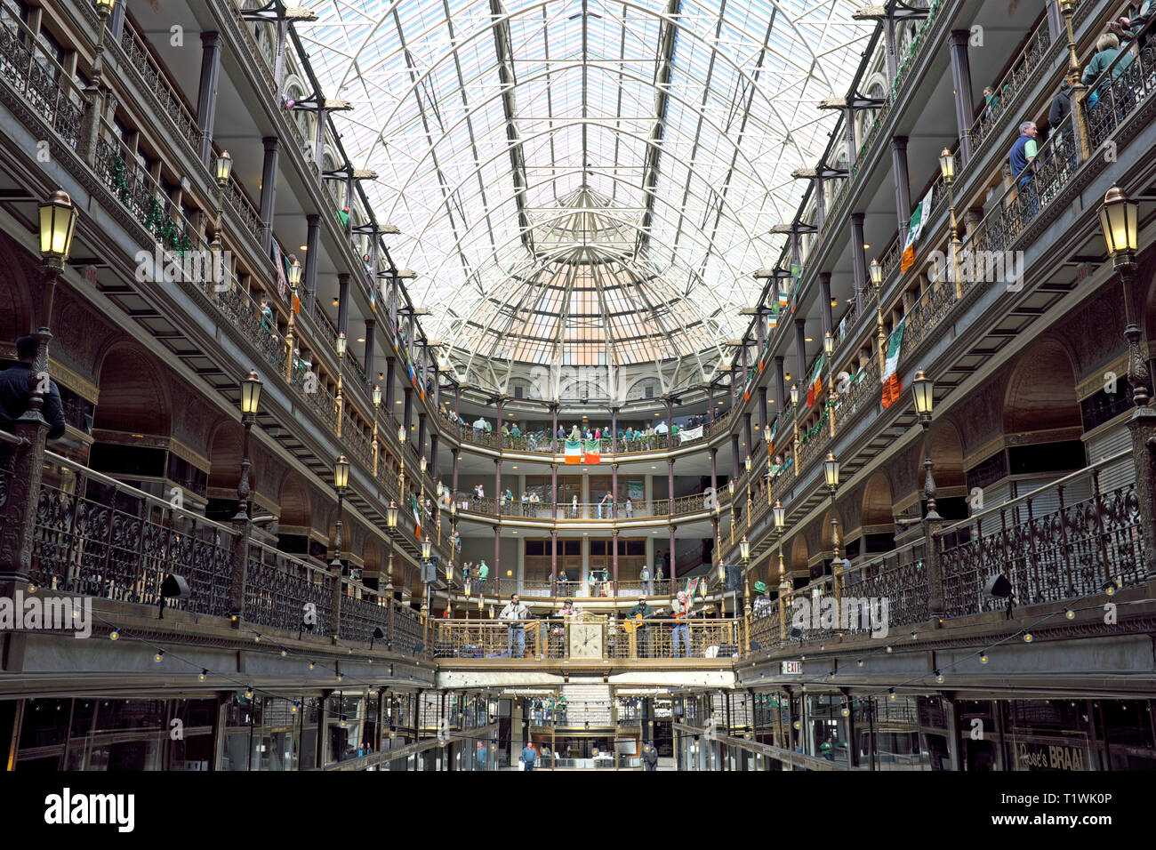 The historic Victorian-Era style Cleveland Old Arcade with its unique glass and iron skylight and 5-story atrium opened in 1890 in Cleveland, Ohio, US Stock Photo