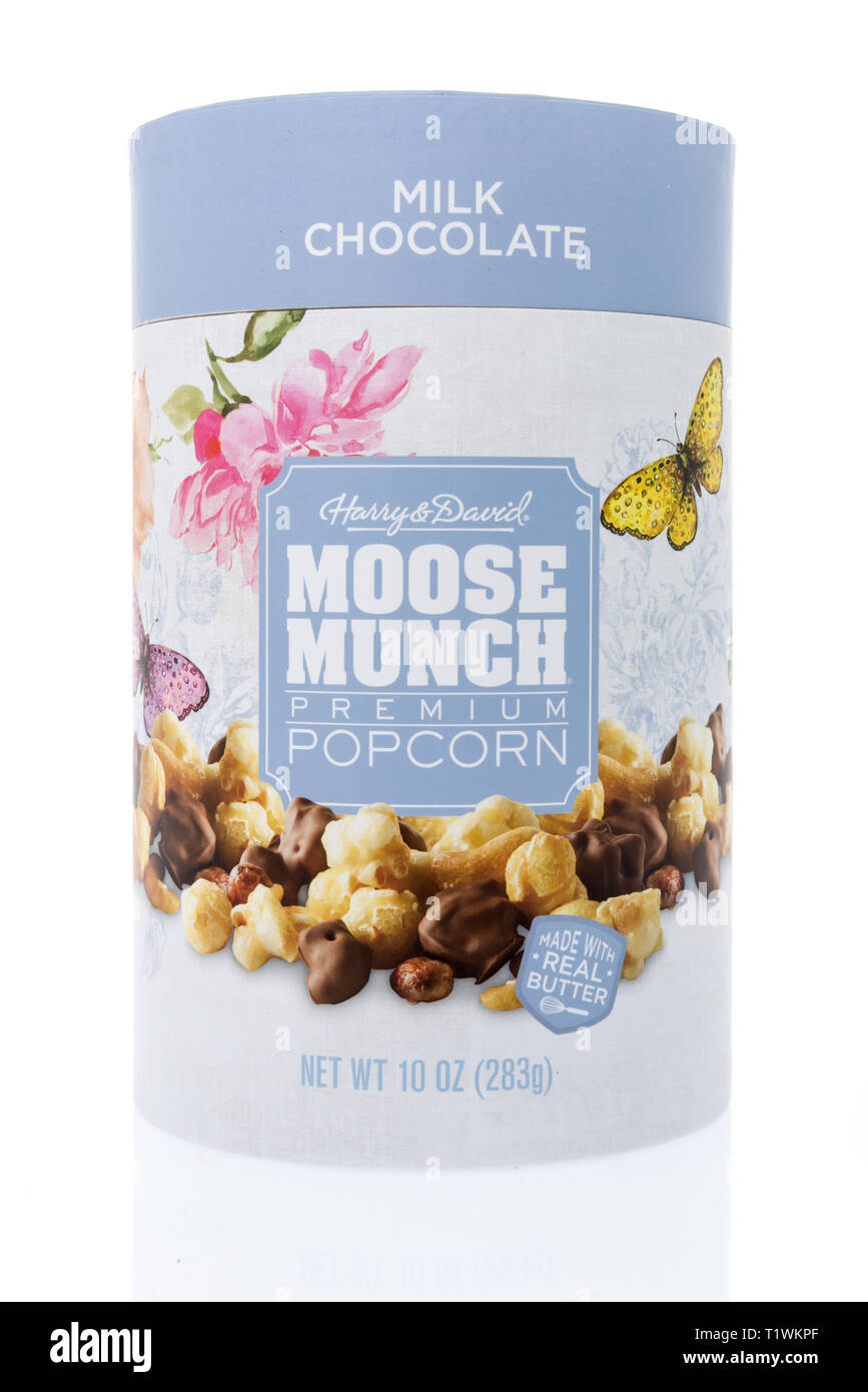 Winneconne, WI - 26 March 2019: A package of Harry and David moose munch milk chocolate popcorn on an isolated background Stock Photo