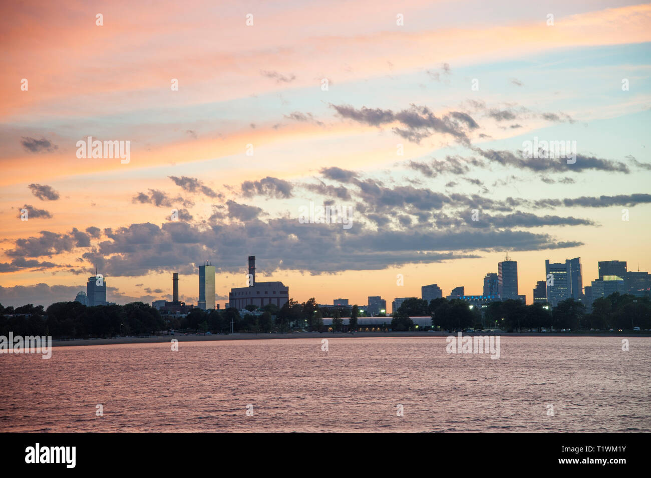 Boston skyline from Castleisland at dusk Stock Photo