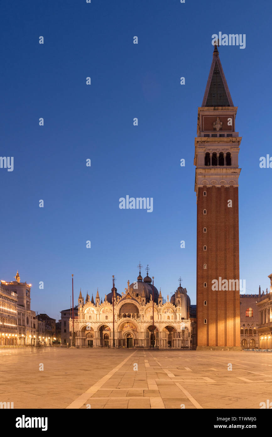 St Mark's Campanile and the St Mark's Basilica in San Marco Piazza Venice Stock Photo