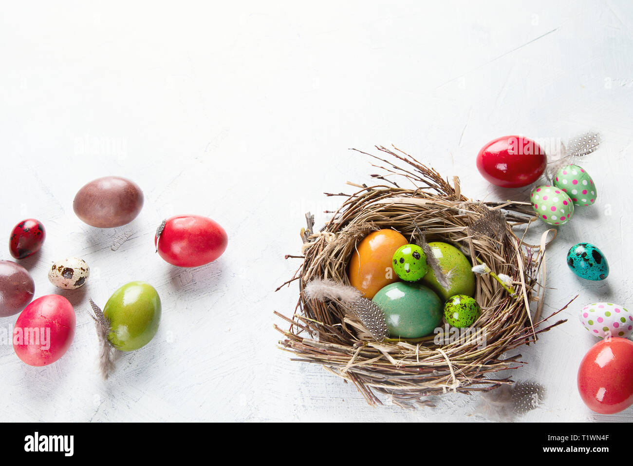 Easter eggs in nest. Happy Easter. Top view with copy space Stock Photo ...