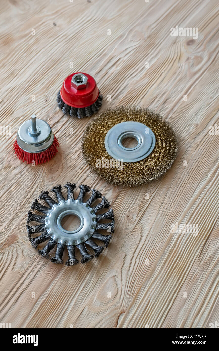 abrasive tools for brushing wood and giving it texture. Wire brushes on