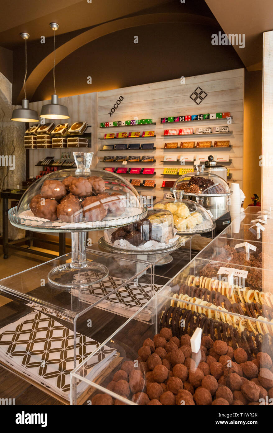 A gourmet chocolate shop in Lisbon, Portugal. Shopping for local specialty foods. Stock Photo
