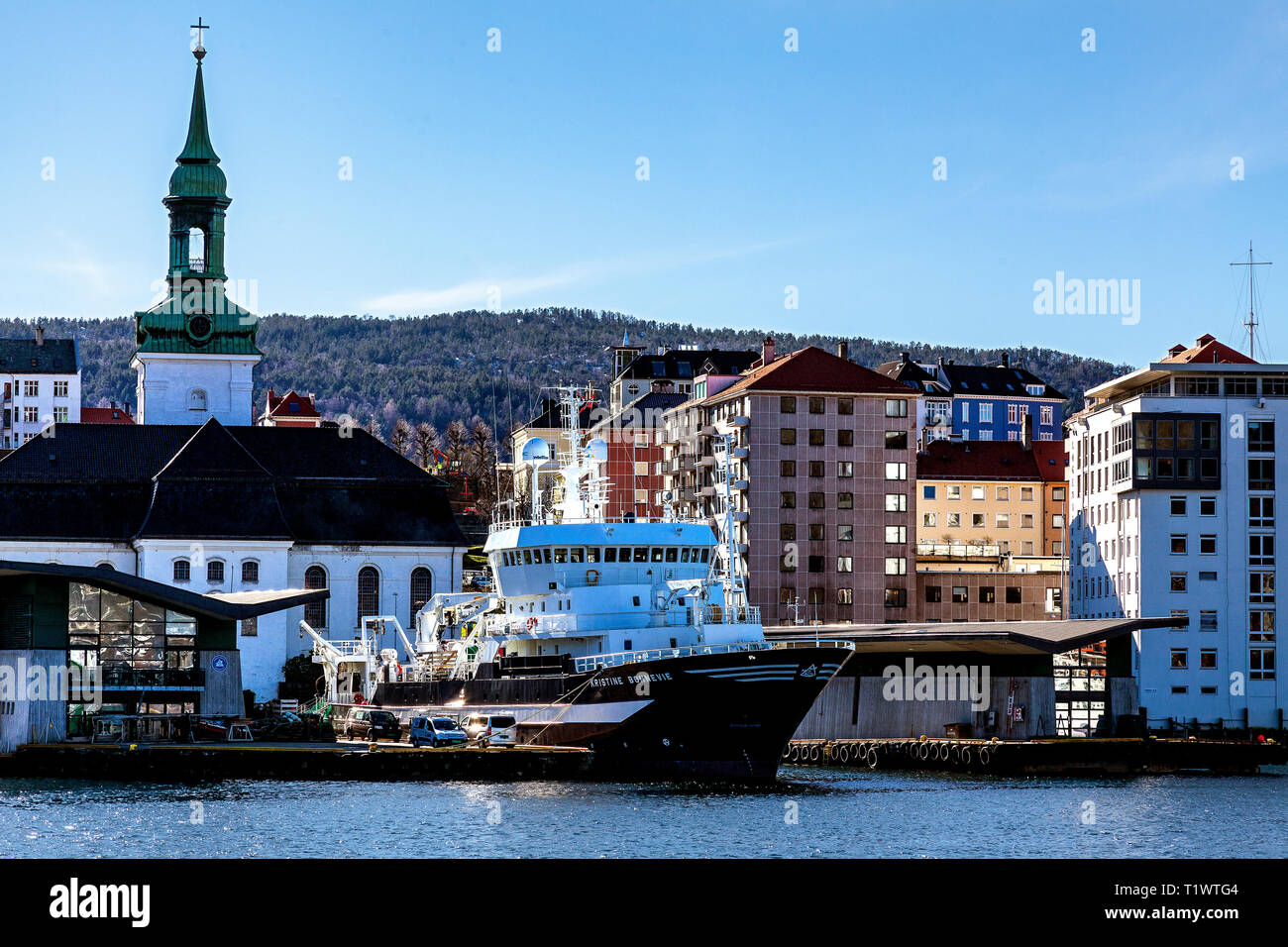 Ocean research vessel Kristine Bonneviein the port of Bergen, Norway. Owned by the University of Bergen, Institute of Marine Research Stock Photo