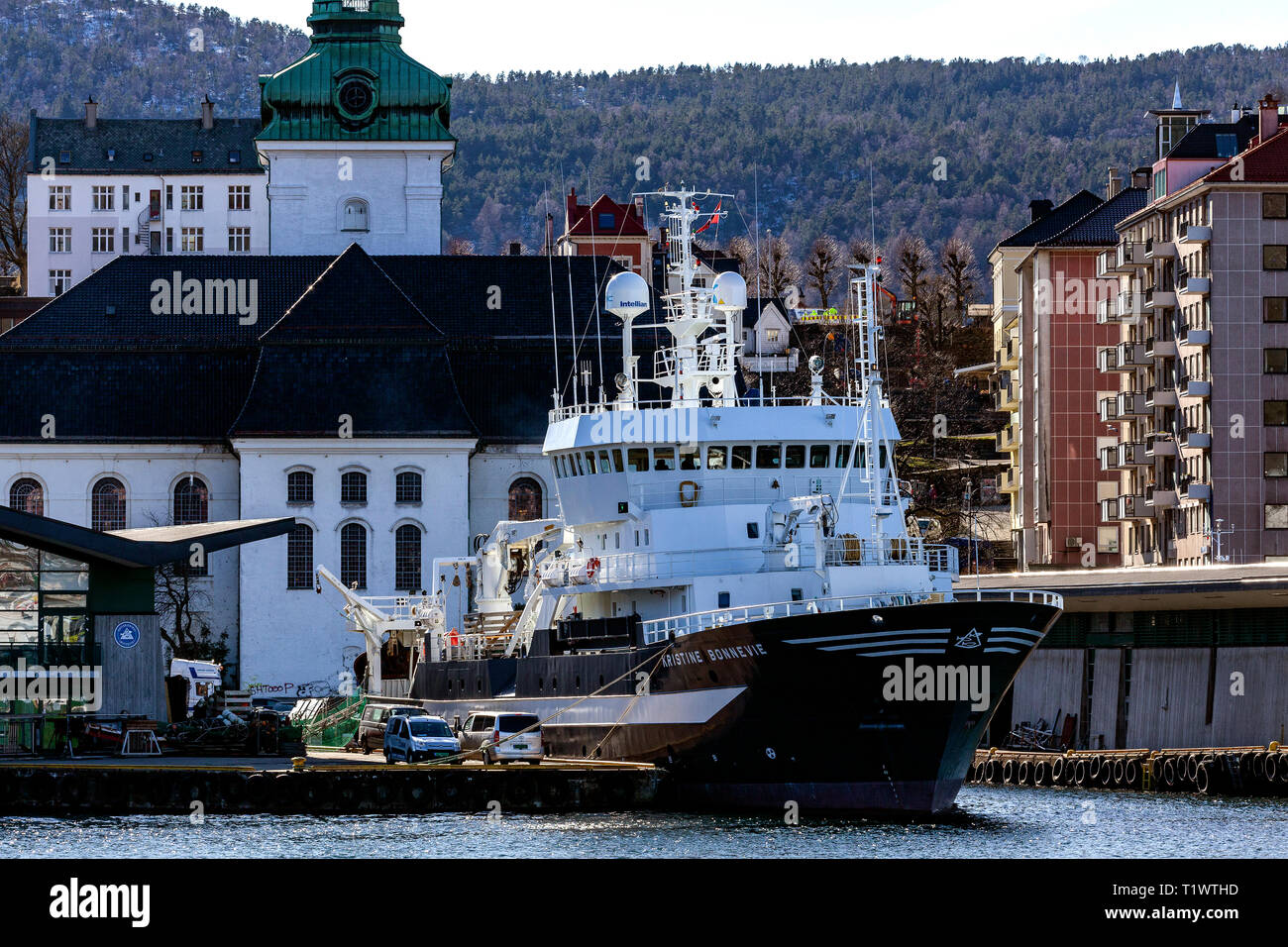 Ocean research vessel Kristine Bonneviein the port of Bergen, Norway. Owned by the University of Bergen, Institute of Marine Research Stock Photo