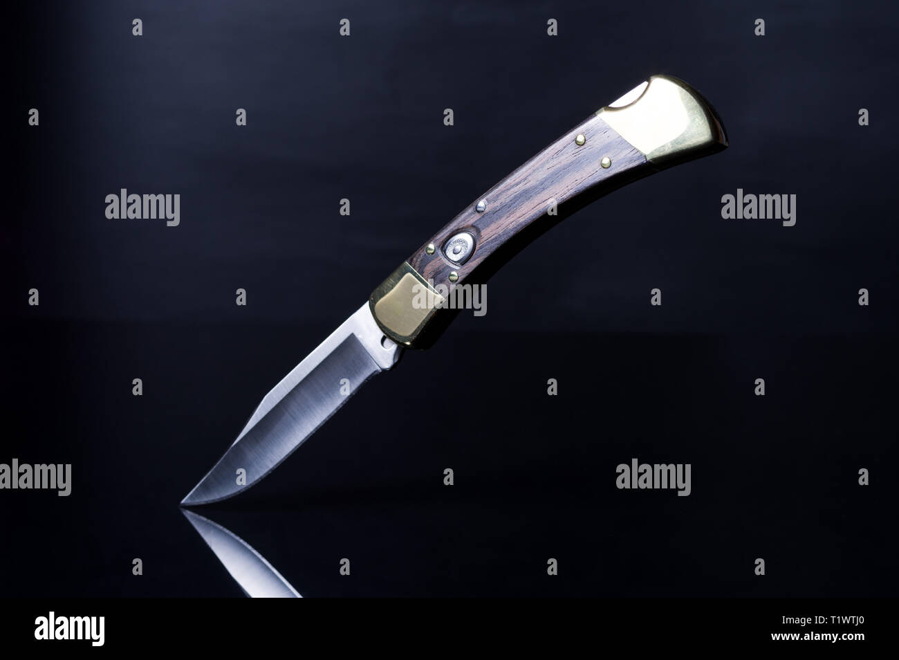Knife with a button on the handle. Folding knife with a ...