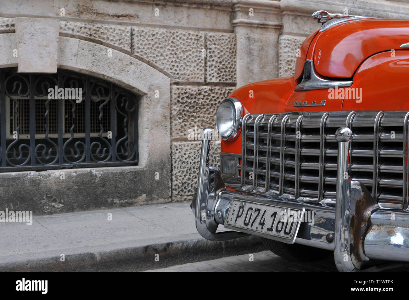 Detail of a classic Dodge automobile parked in Old Havana, Cuba. Vintage American cars are common on the city's streets, and many are used as taxis. Stock Photo