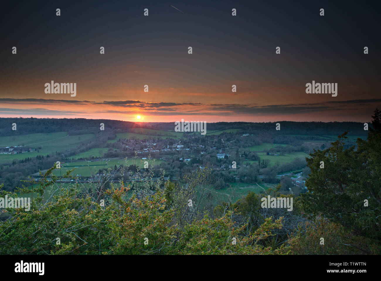 View of Dorking from Box Hill during sunset. National Trust in the