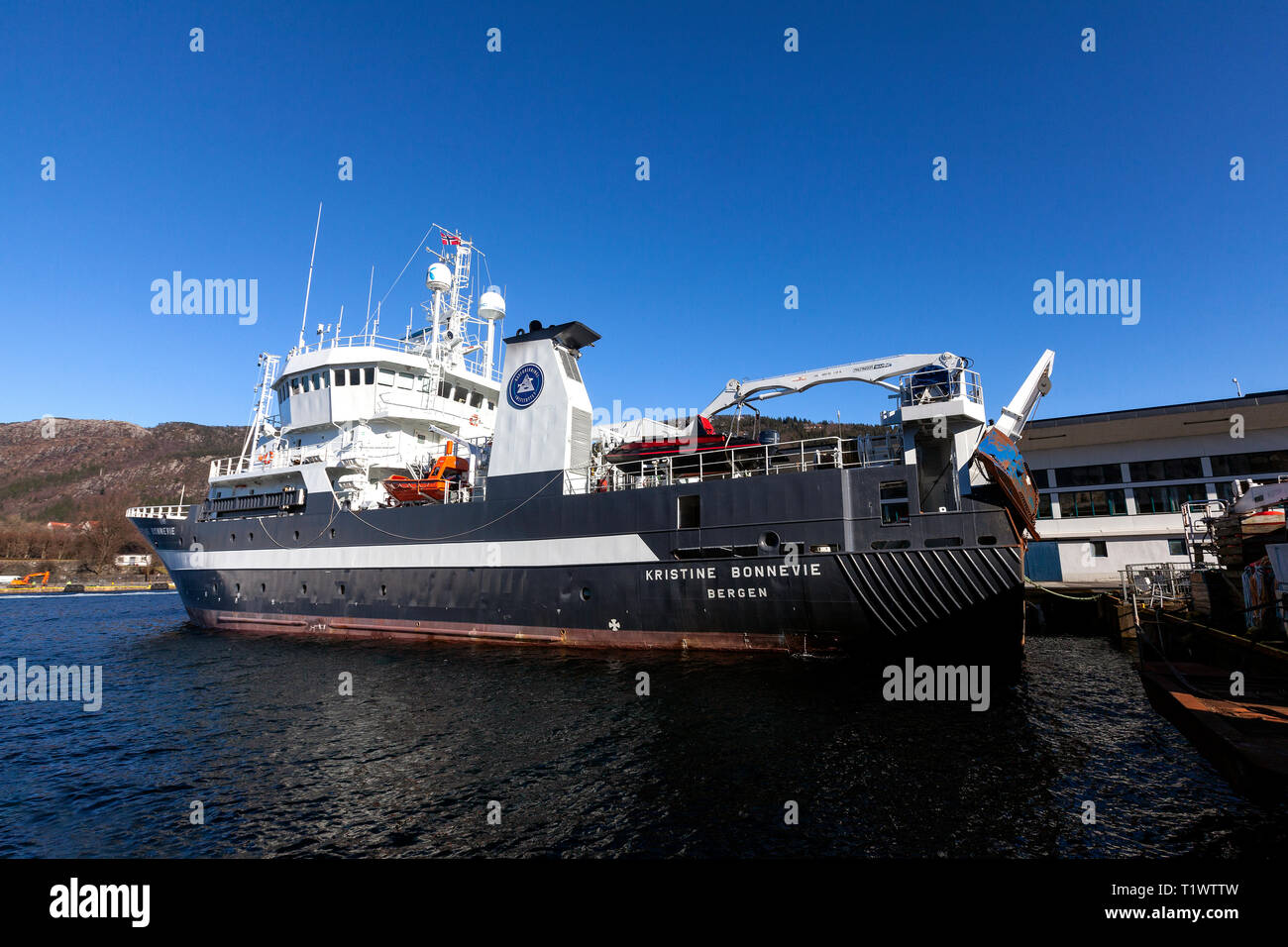 Ocean research vessel Kristine Bonneviein the port of Bergen, Norway. Owned by the University of Bergen, Institute of Marine Research Stock Photo