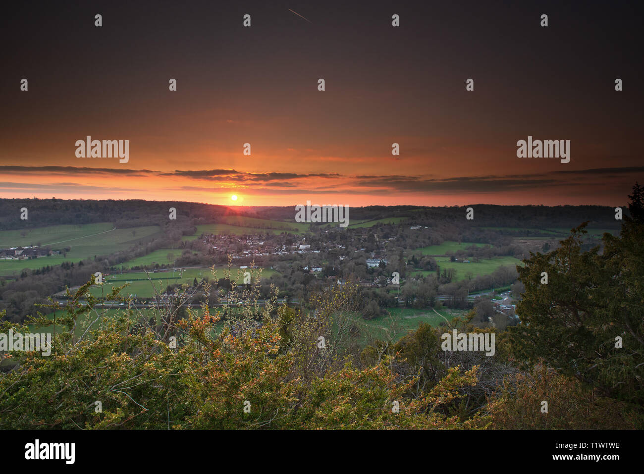 View of Dorking from Box Hill during sunset. National Trust in the Surrey Hills, England. Uk Stock Photo