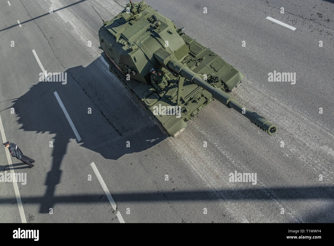 Moscow, May 9, 2015. Modern self-propelled artillery 2S35 Koalitsiya-SV returns from the Red Square after the Victory Day Parade, top view. Stock Photo