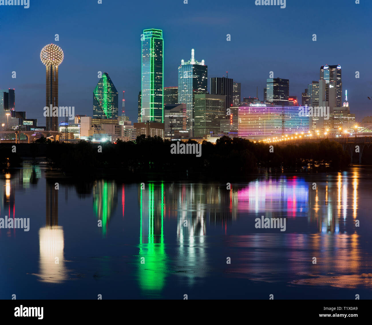 Dallas Texas Skyline Blue Hour Reflection 040119 Stock Photo