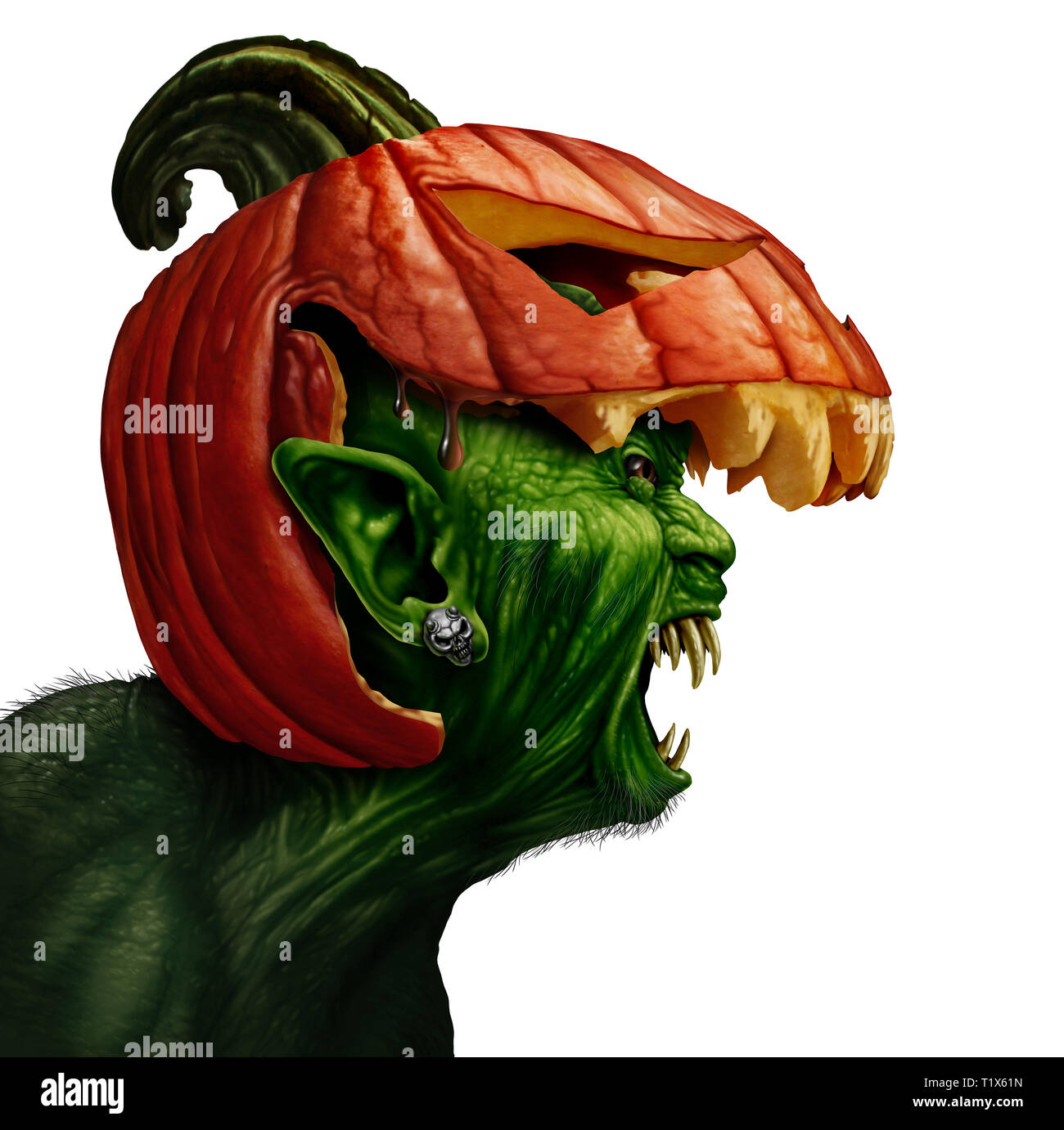 Halloween pumpkin monster side view as a zombie face or mutant beast head screaming as a creepy green demon symbol with a jack o lantern. Stock Photo