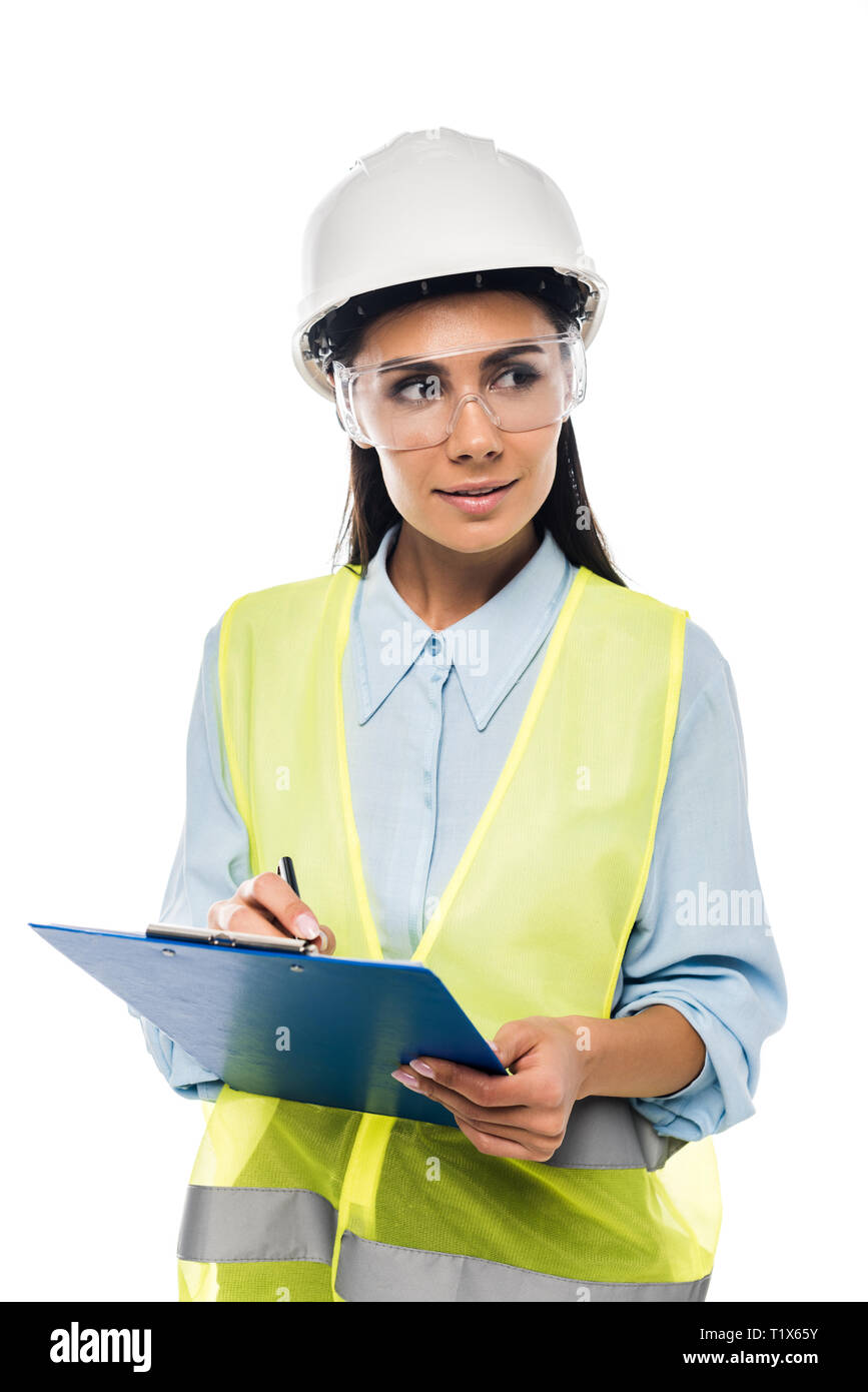 Engineer in hardhat holding clipboard isolated on white Stock Photo